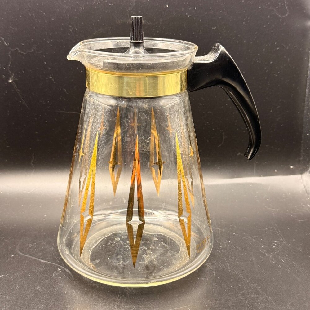 Vintage MCM Pyrex 8-Cup Coffee Carafe Gold Atomic Starburst Design Black Handle